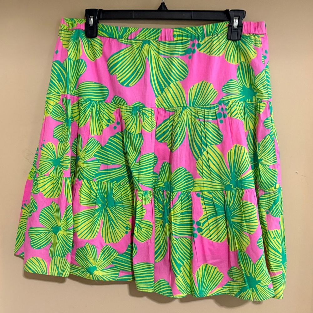 Lilly Pulitzer Pink Tiered Skirt with Lime Green Floral Print Large